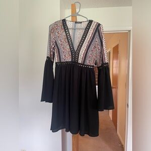 SHEIN long sleeve mini dress with black crotchet detail & boho print - size S